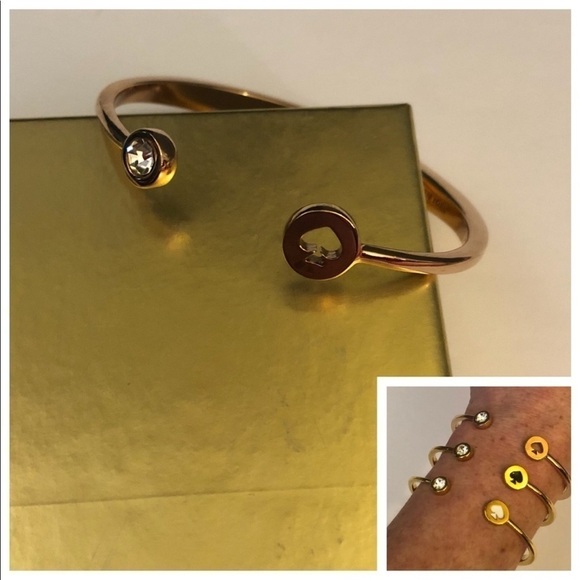 Kate Spade Signature Hinged Cuff Bracelet Spade Logo Cut Out Clear Stone Dot EUC - Picture 8 of 9